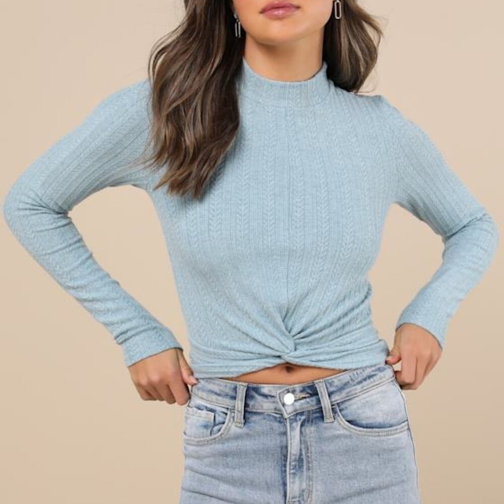 Lulus Cozy Being Light Blue Pointelle Knit Twist-front Long Sleeve Top - Size S